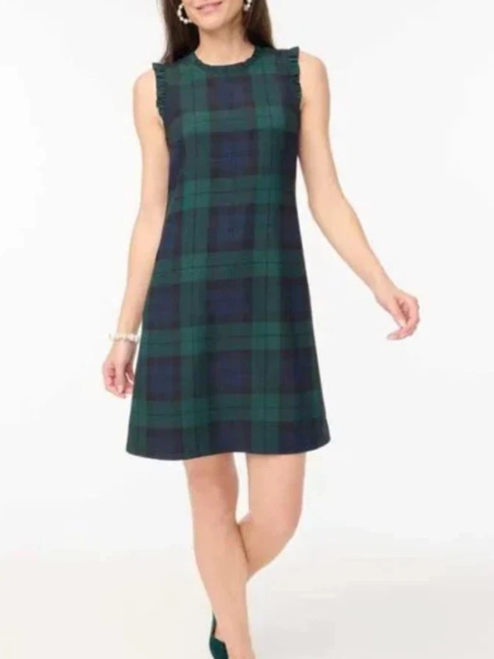 J Crew Black Watch Plaid Sleeveless Shift Dress‎ Ruffle Trim size 12